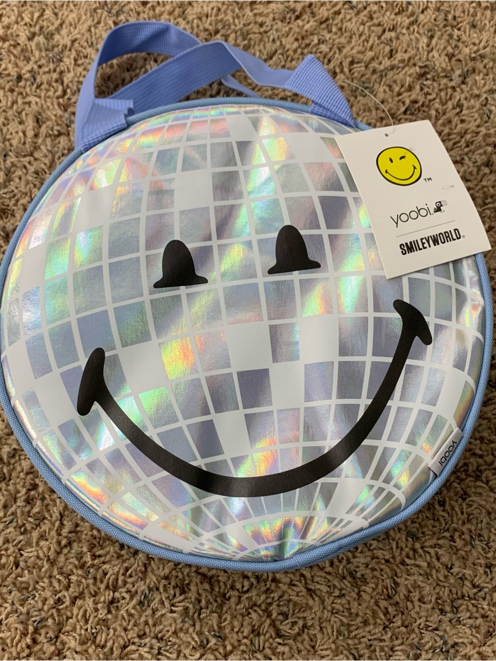 NEW Blue Iridescent Disco Smily Face Circle Lunch Box